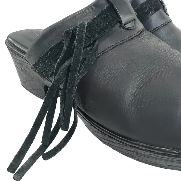 b.o.c. Fringe Leather Mules‎ Black 6 Slip On Open Back Chunky Heel Clogs Shoe - Image 3
