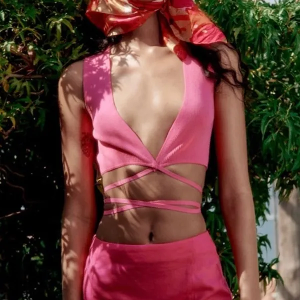 Zara Women‎ Bloggers Favorite Pink Sleeveless Knotted Waist Knit Top Size Large - Image 3