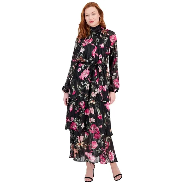 RACHEL by Rachel Roy Womens Mae Chiffon Midi Belted Tiered Dress Black Multi 2 - Image 6