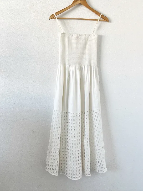Solid & Striped Kennedy White Smocked Lace Cutout Midi Dress - Image 3