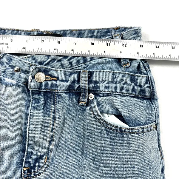White Fox Small Blue Acid Wash Crossover Waist Straight Leg Jeans STAINED - Image 9