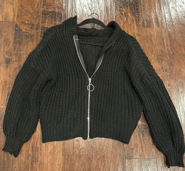 SheIn Black Hooded Zip Up Sweater - Image 2