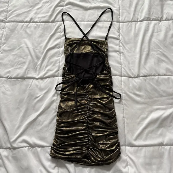 Lucy in the Sky‎ Mini Dress Womens Size XS Bodycon Lace Up Gold Shimmer Feminine - Image 5