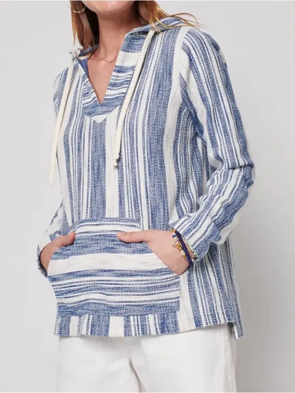 Faherty Islet Striped Poncho XS Blue Cream Hooded Coastal Baja Pullover‎ Sweater - Image 8