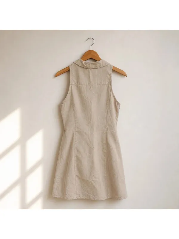 MNG Mango Linen Blend Sleeveless Button Front Tunic Dress Small Beige - Image 2
