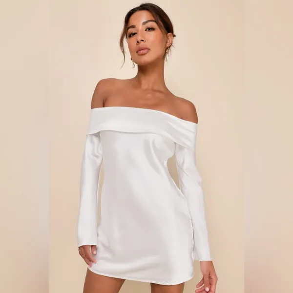 Lulus Luxurious Vision White Satin Off-the-Shoulder Mini Dress sz XS - Image 3