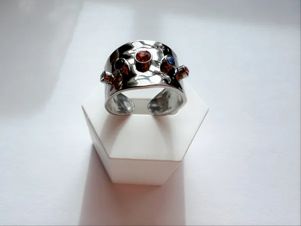 Silver non tarnish open ring with colorful zircons - Image 2