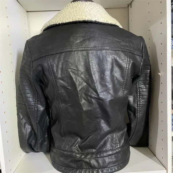 Women's Black Faux Leather Jacket M Quilted Sleeves Sherpa Collar - Image 11