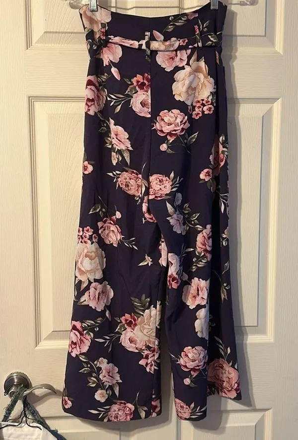 Dark Purple Floral Paperbag Waist Pants Medium - Image 5