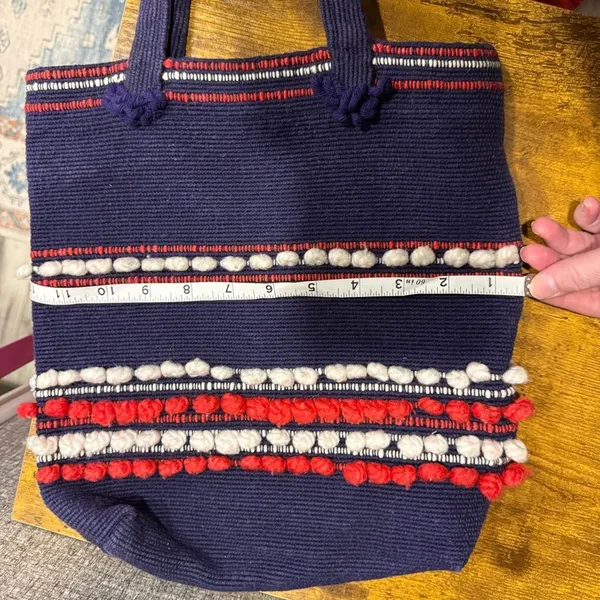 Vintage Arrowcraft shop earthy handwoven Stylish Navy Tote with Pom-Pom Details - Image 5