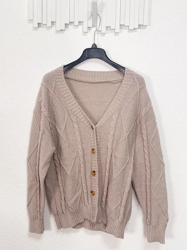 Amazon Cable Knit Button Front Cardigan Taupe Oversized V Neck Sweater Size Large - Image 2