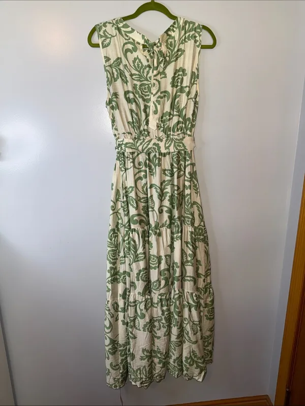 Sleeveless Cream Maxi Dress with Green Floral Print and Waist Tie - Image 6