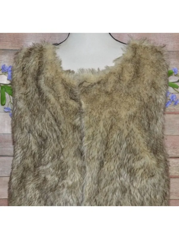 Brown Faux Fur Vest Womens L Black Sweater Knit Back Boho Western Open Front - Image 5