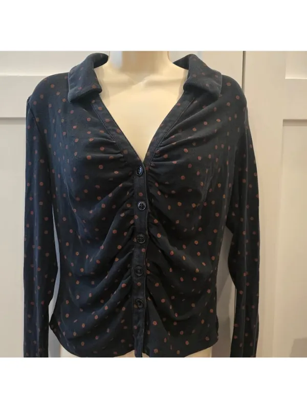 Maeve Anthropologie Ruched Button Front Top XL Black Tan Polka Dot Stretch - Image 2