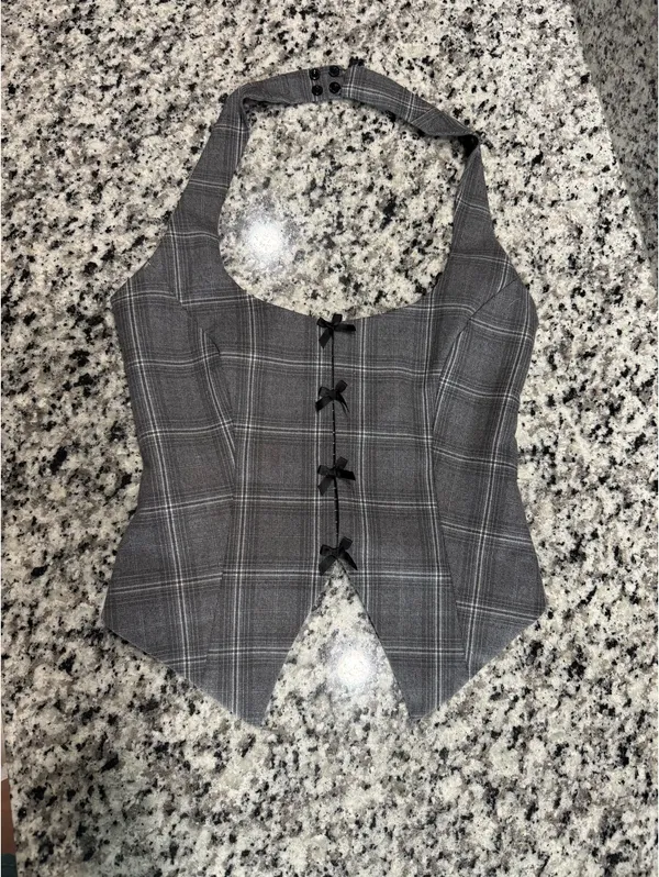 Edikted Palmer Plaid Bow Halter Top - Image 2
