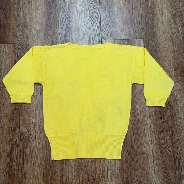 VTG 80s Beldoch Popper Yellow Floral Applique Pearl Knit Sweater Womens M READ - Image 9