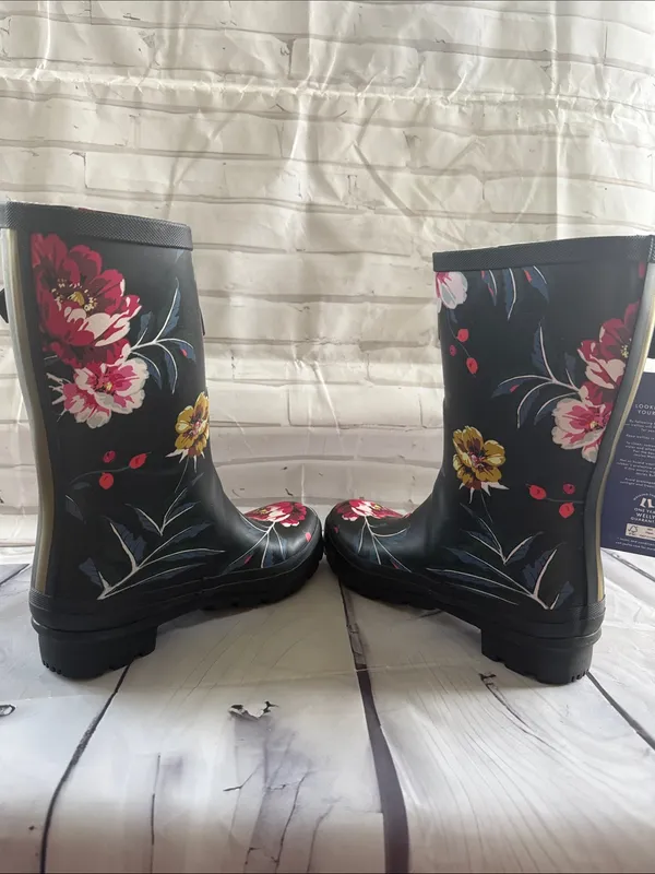 Joules Black Floral Waterproof Women's Rain Boots with Gold Buckle - Image 6