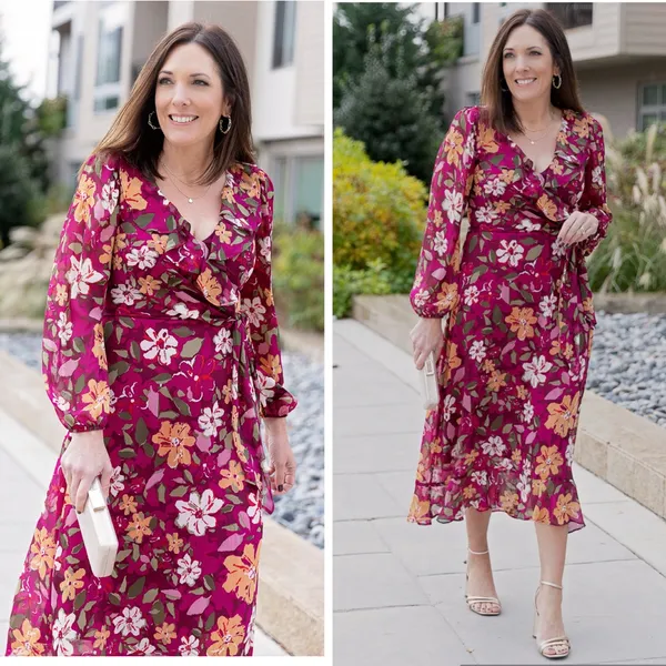 Maggy London Desert Bloom Floral Long‎ Sleeve A-line Dress In Wine Ruffle Trim 2 - Image 2