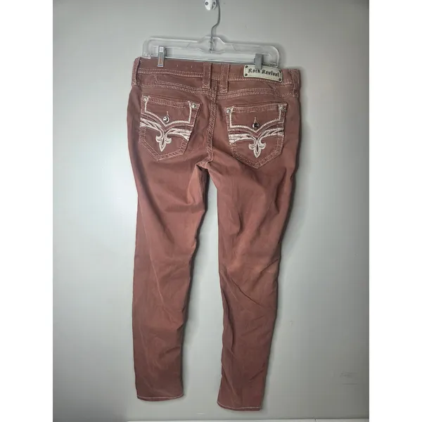 Rock Revival Ankle Skinny Women’s 31 Brown Embroidered Rhinestone Denim Jeans - Image 3