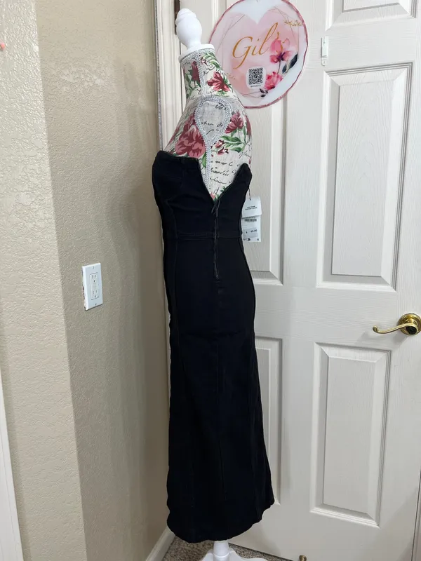 Zara Black Denim Strapless Button-Front Midi Dress with Slit - Image 5