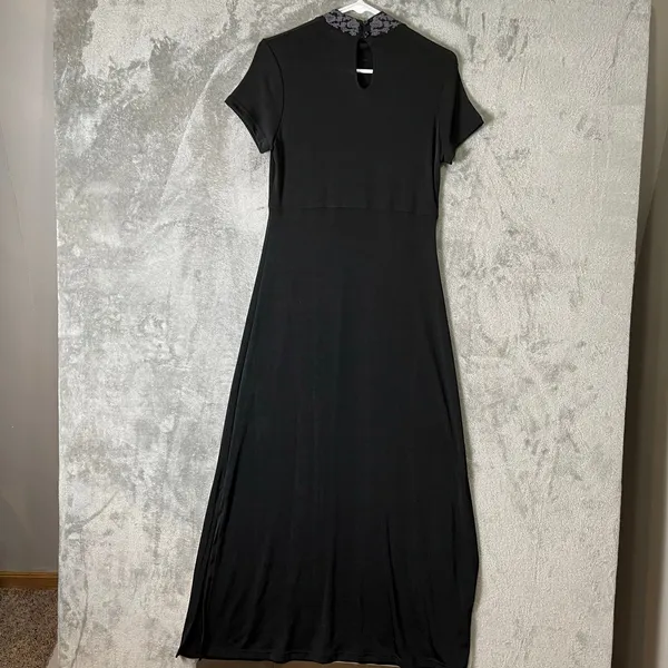 Vintage Y2K Black Gothic Maxi Dress Floral‎ Mandarin Collar Dark Romance Medium - Image 4