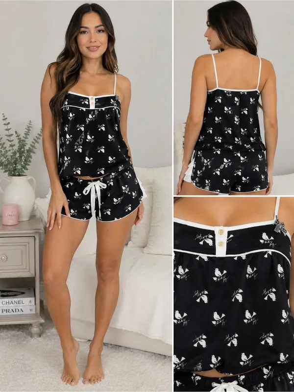Juicy Couture Bird Print Satin Pajama Set | Cami & Shorts | Size S - Image 3