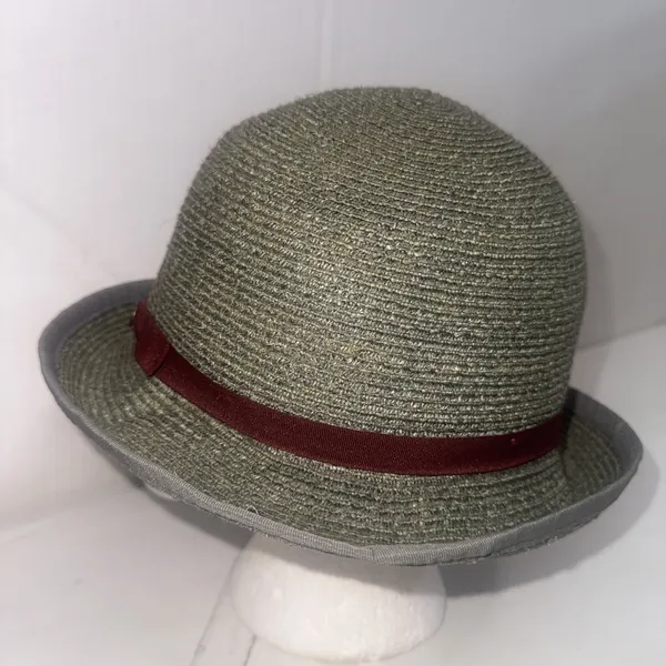 Goorin Bros Paper Woven Straw Fedora Hat Olive Green Burgundy Band Adult Small - Image 10