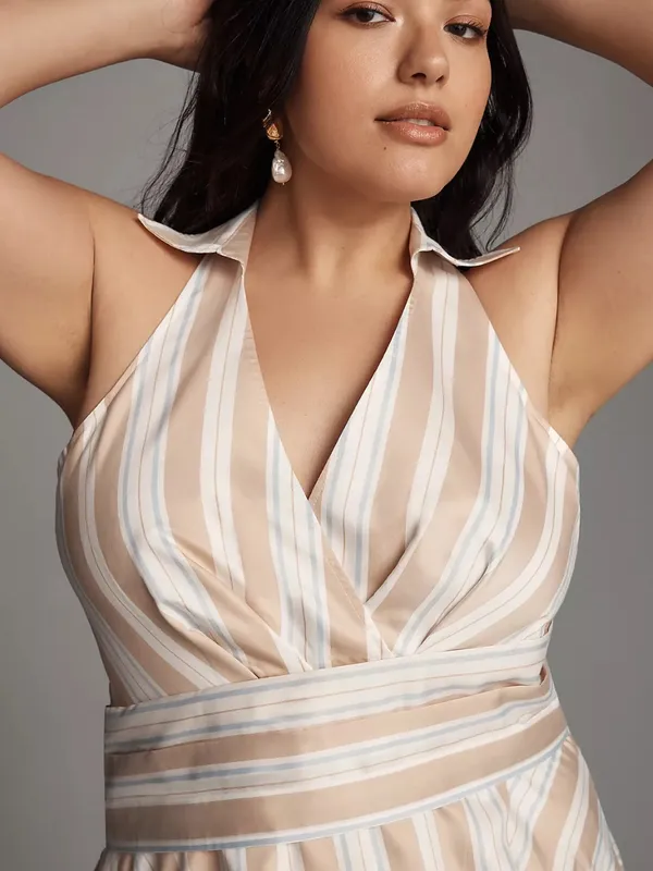 Anthropologie Maeve Asymmetrical Striped Wrap Halter Shirt Dress Size 14 Coastal - Image 3