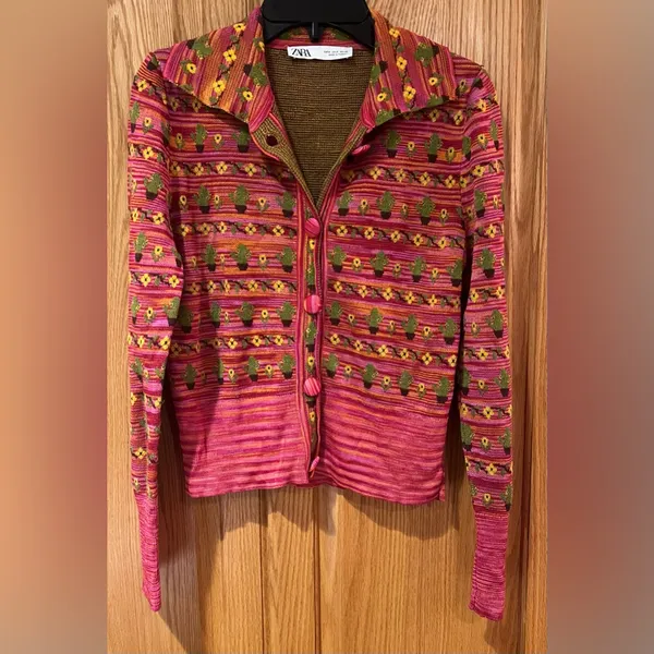ZARA Cactus Flower Jacquard Knit Lightweight Cardigan‎ Sweater Jacket Size Small - Image 7