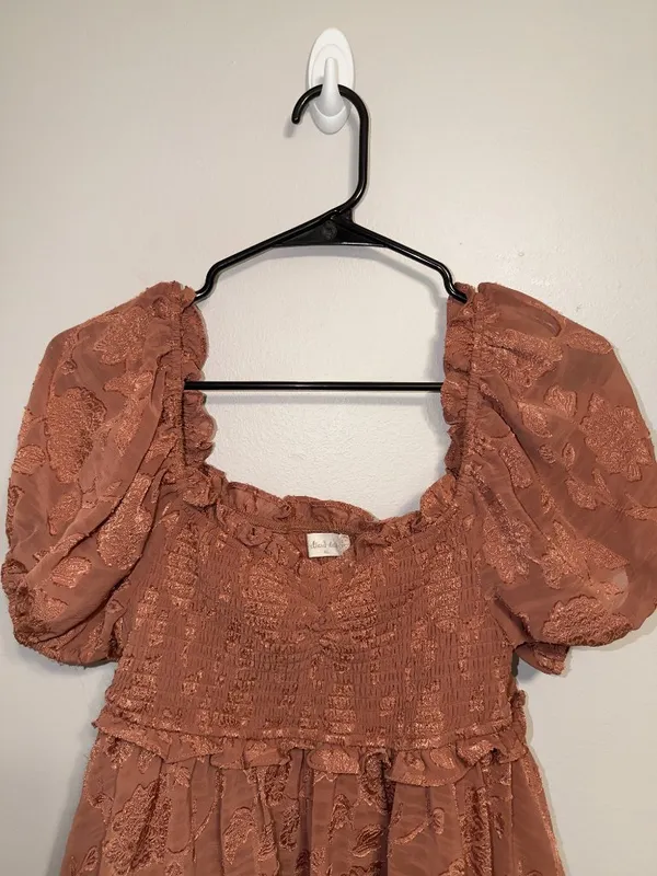 Altar'd State Lace Smocked Puff Sleeve Tiered Mini Dress XL Boho - Image 4