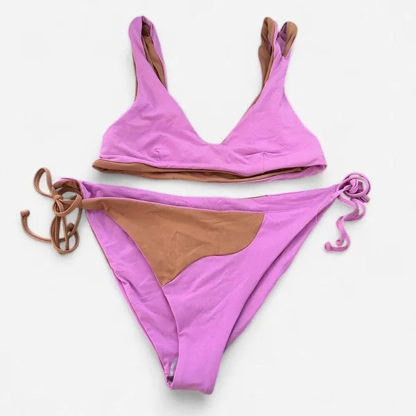 L*space pink brown swirl retro print tie vneck bikini set Size small large - Image 2