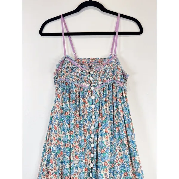 Free People Maxi Dress Blue Molly Jo Floral Button Down Cutout Back Smocked XS - Image 8