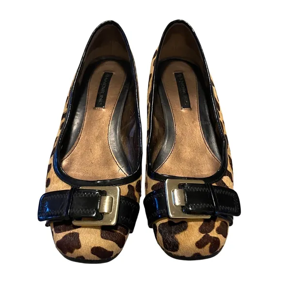 Bandolino Leopard Calf Hair Ballet Flats Womens 9 Brown‎ Buckle Square Toe Wedge - Image 2