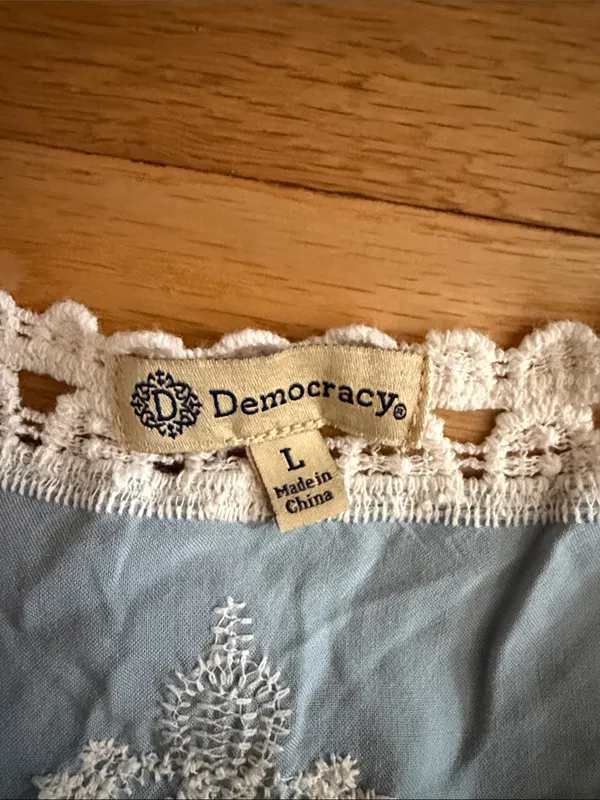 L - Democracy - Light Blue Boho Tunic with Cream Crochet Trim - Image 8