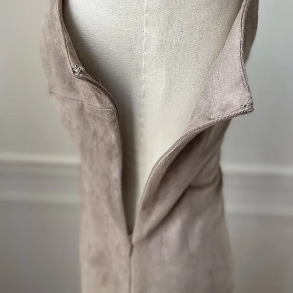 Design Lab Beige Moleskin Sueded Fabric Spaghetti Strap Fringe Slip Dress XS - Image 4