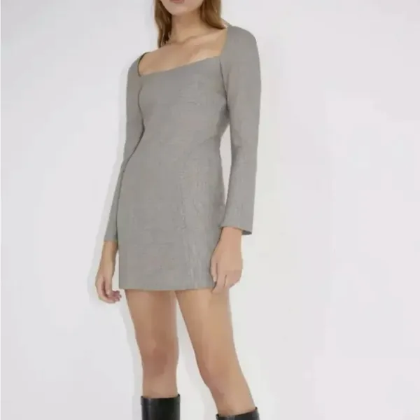 Zara Brown Micro Plaid Square Neck Dress Long Sleeve Mini Size Medium‎ M - Image 4