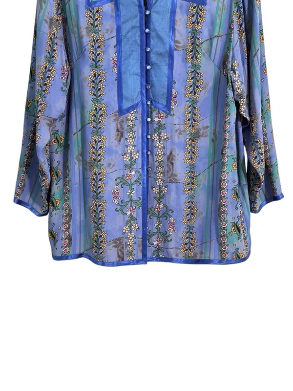 Maggie Shepherd Blue Floral Button Front Blouse Boho Top M Size M - Image 5