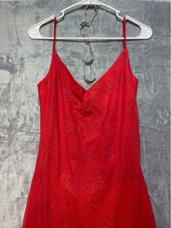 Morgan and Co Linda Bernell Vintage Red Glitter Asymmetrical Mesh Dress No Size - Image 3