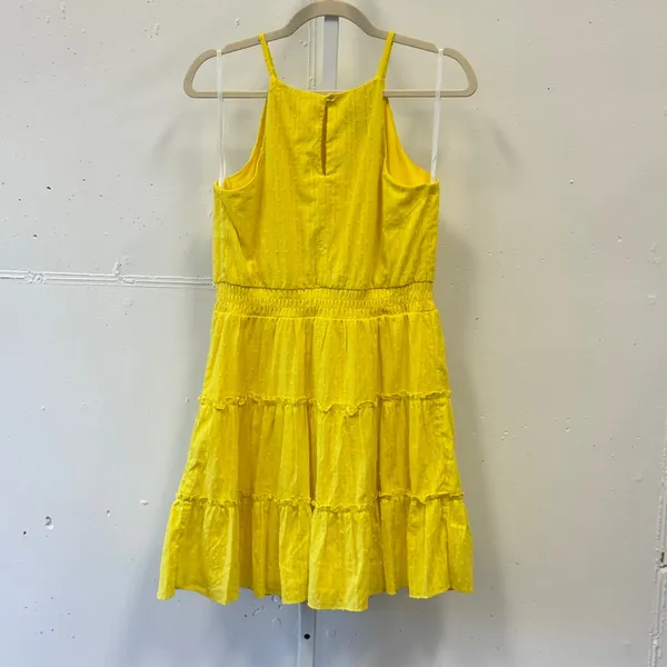 A. Byer Yellow Swiss Dot Halter‎ Mini Dress Smocked Waist Tiered Skirt Medium - Image 2