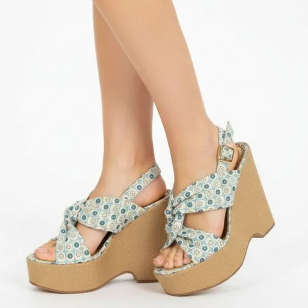 Juicy Couture Blue & Tan Print Fabric Platform Wedge Espadrille Sandal Shoes 7.5 - Image 11