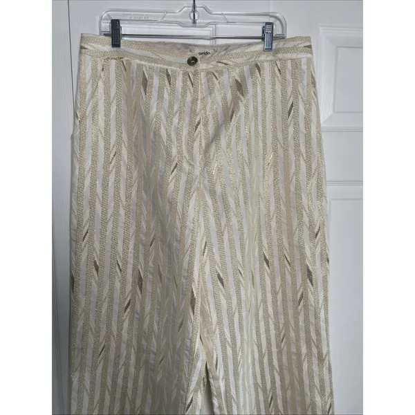Porridge Gold Stripe Wide Leg‎ Pants Womens Size 10 White Jacquard High Rise - Image 4
