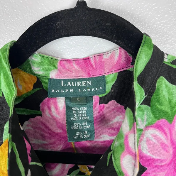 Lauren Ralph Lauren Womens Linen Floral Blouse Mandarin Collar‎ Frog Closure L - Image 2