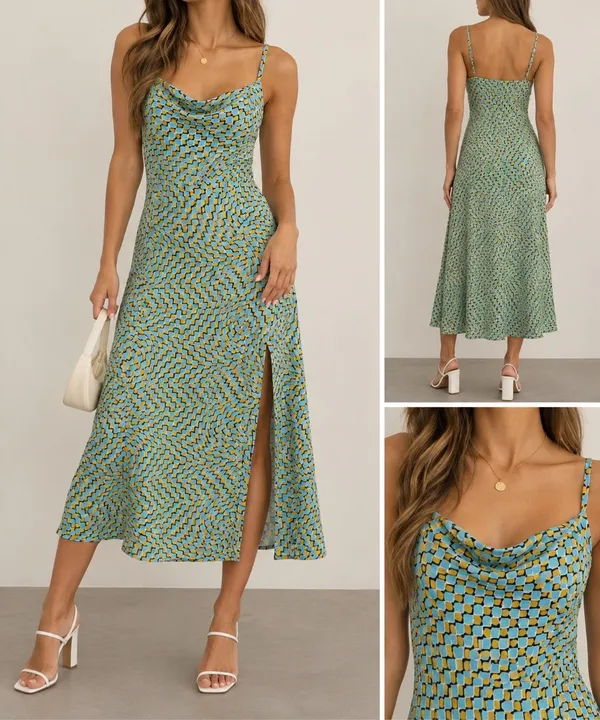 Commense Dress Large Blue Mustard Optical Print Strappy Midi Y2K - Image 2
