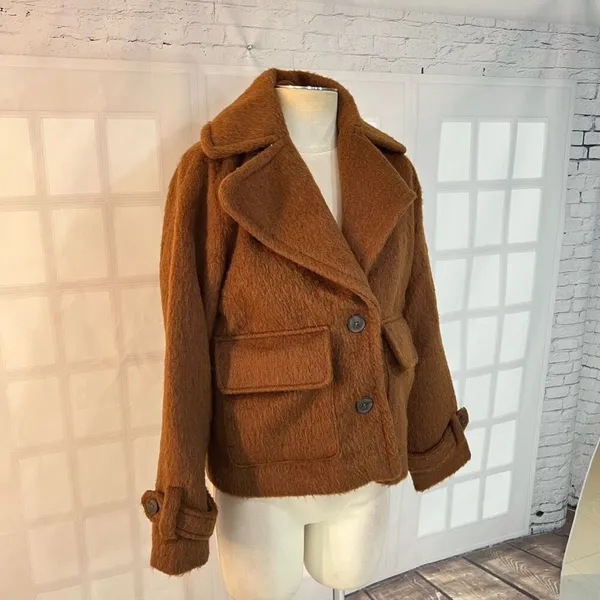 A New Day Brown Two Button Spread Collar Lined Furry Jacket Size Small - Image 3
