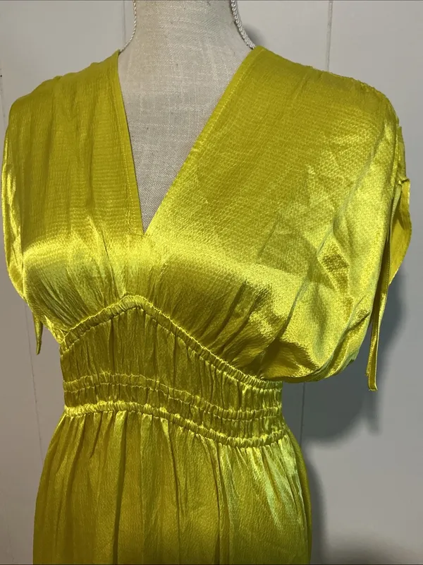 Anthropology Yellow V-Neck Satin Maxi Dress - Image 3