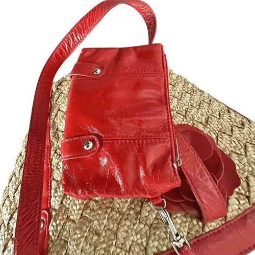 Coldwater Creek Woven Straw Tote Bag Red Leather Trim Flower Accent ‎ Vacation - Image 5