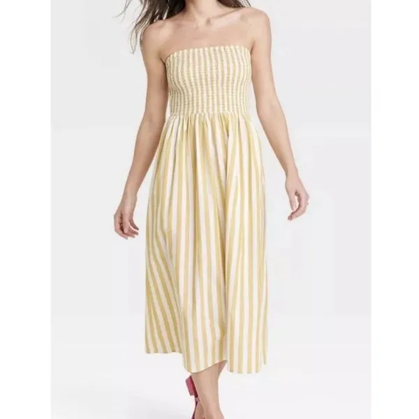 A New Day‎ | Woman's Yellow White Striped Smocked Sundress Midi Dress, Size S - Image 2