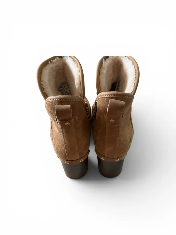 Ugg chestnut suede wooden heel ankle boots sheepskin lining pull on Sz 8 - Image 5