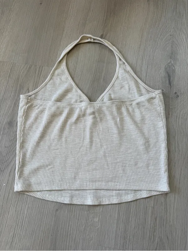 Y2K Ribbed Halter Tank with Button Keyhole in Cream - Image 3