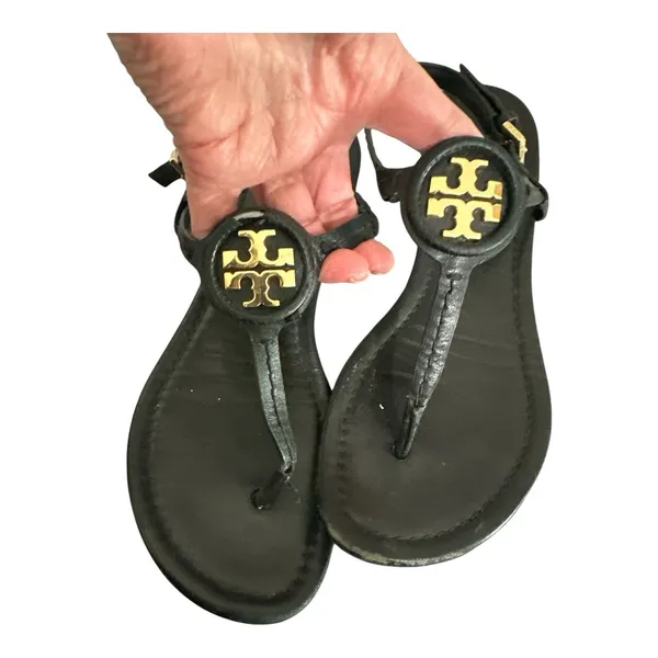 Tory Burch Black ThongSandals with Gold Logo - Heavily Used Size 6.5 - Image 2